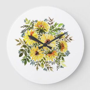 Reloj Redondo Grande Bouquet amarillo acuarela: Amor margarita