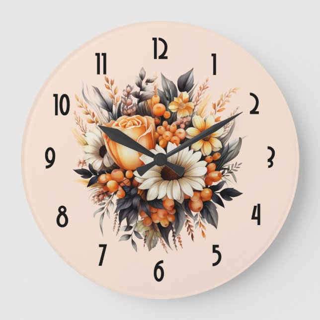 Reloj Redondo Grande Bouquet de flores grises amarillas naranjas (Anverso)