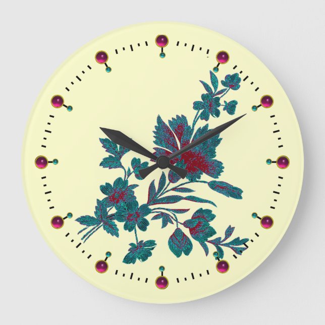 RELOJ REDONDO GRANDE BOUQUET DE FLORES VERDES AZULES CON CARNE (Anverso)