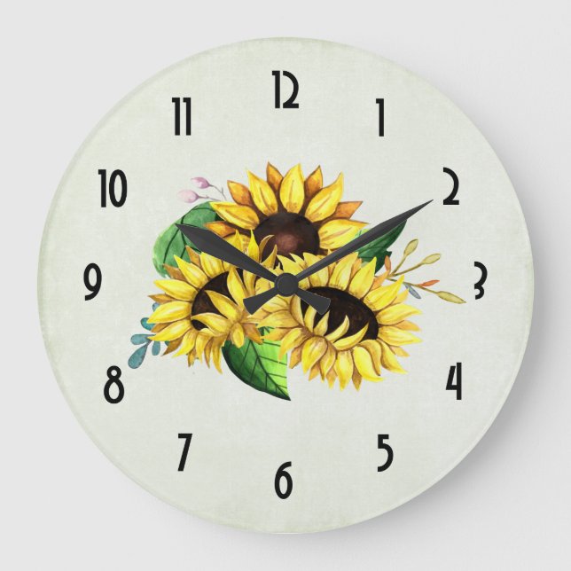 Reloj Redondo Grande Bouquet de girasol amarillo en acuarela (Anverso)