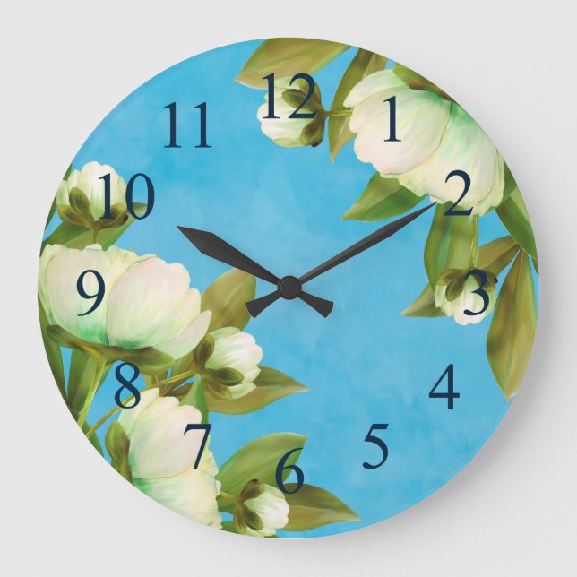 Reloj Redondo Grande Bouquet floral de peonies blancos (Anverso)
