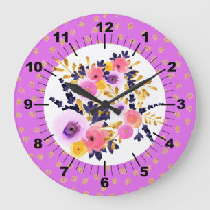 Reloj Redondo Grande Bouquet floral rosa y púrpura
