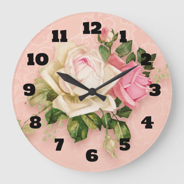 Reloj Redondo Grande Bouquet rosa rosa blanco (Anverso)
