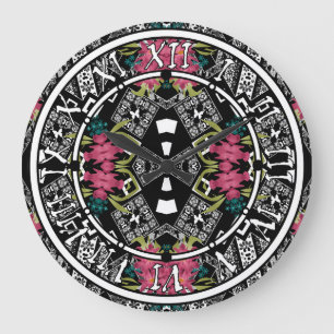 Reloj Redondo Grande Bouquets de flores rosadas sobre una geométrica