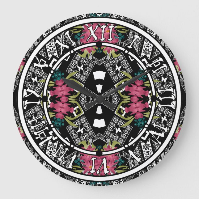 Reloj Redondo Grande Bouquets de flores rosadas sobre una geométrica (Anverso)