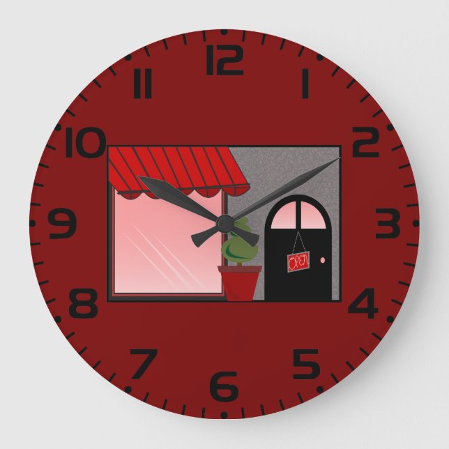 Reloj Redondo Grande Boutique Storefront Red Black Topiary Open (Anverso)