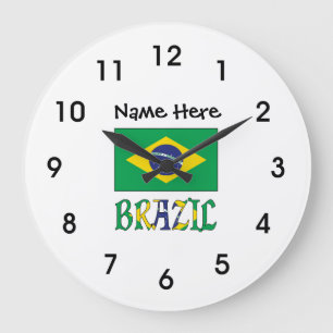 Reloj Redondo Grande Brasil y bandera brasileña con tu nombre