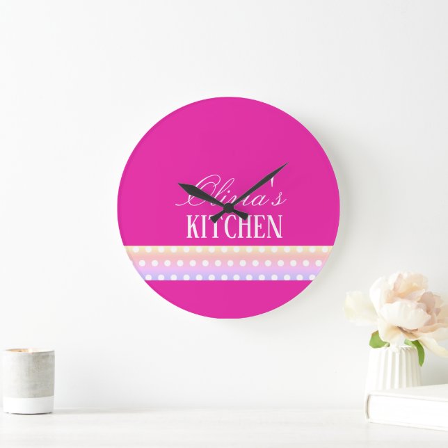 Reloj Redondo Grande Bright Pink and Pola Dots  (Hogar)