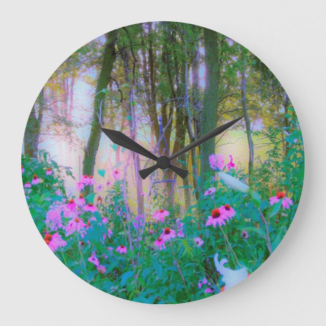 Reloj Redondo Grande Brillante amanecer con flores rosas en mi jardín (Anverso)