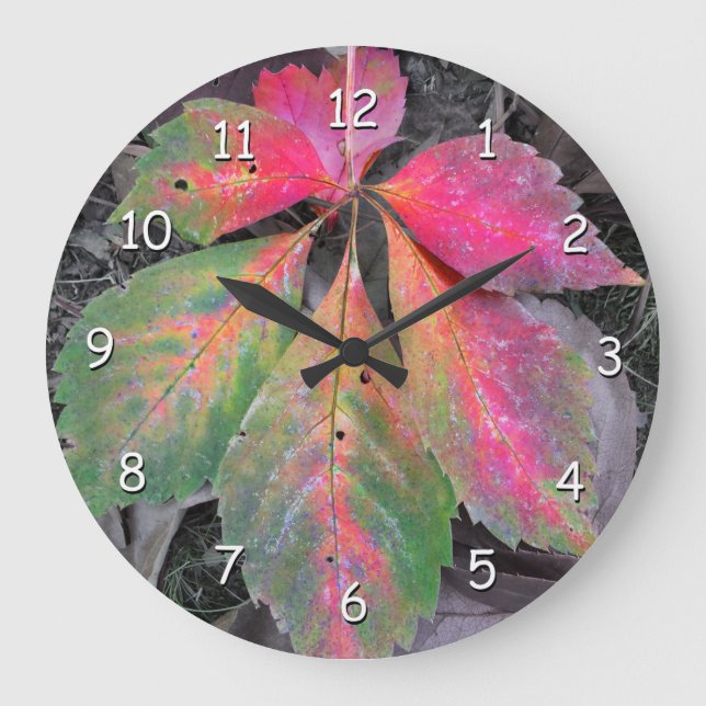 Reloj Redondo Grande Brillante entre el gris y la hoja de otoño (Anverso)