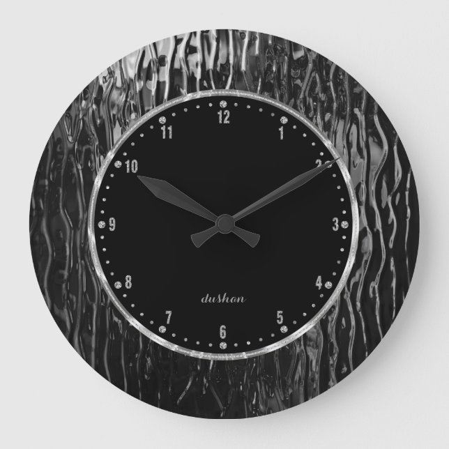 Reloj Redondo Grande Brillante negro de fusión de vidrio manchado (Anverso)