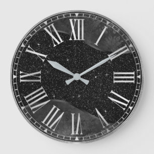 Reloj Redondo Grande Brillante negro elegante y hoja floral plateada