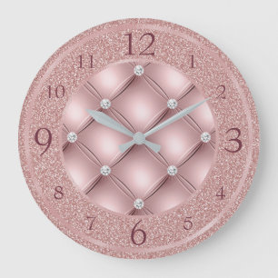 Reloj Redondo Grande Brillantes Diamantes y Purpurina Rosa