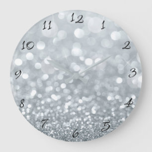 Reloj Redondo Grande Brillo blanco plateado Bokeh Glamour de moda Spark