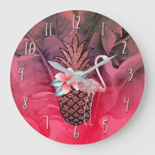 Reloj Redondo Grande Brillo Rosa Tropical Piña Hojas de Palma Chic