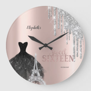 Reloj Redondo Grande Brillos que gotean, Vestido, Torre Eiffel Sweet 16