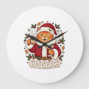 Reloj Redondo Grande Brindis Navidad Naranja Gato Santa Sombrero Bebida