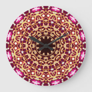 Reloj Redondo Grande Broche Mandala, fondo geométrico vintage.