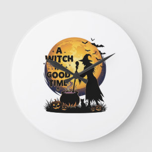 Reloj Redondo Grande Bruja Buen Tiempo Halloween Luna Caldero_1