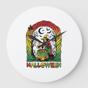 Reloj Redondo Grande Bruja de Halloween Caldero Elaboración Gato Negro 