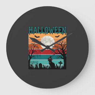 Reloj Redondo Grande Bruja de Halloween Gato Araña Telaraña Luna Cement