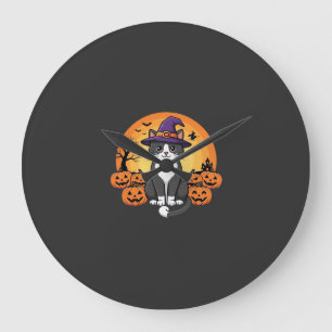 Reloj Redondo Grande Bruja de Halloween Gato Calabaza Luna Diseño_1