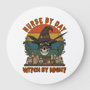 Reloj Redondo Grande Bruja del Día de las Enfermeras Noche de Halloween