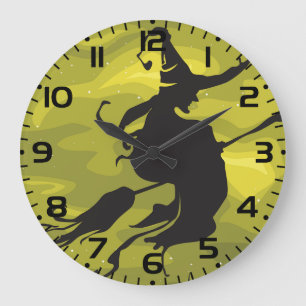 Reloj Redondo Grande Bruja espeluznante de Halloween volando en escoba