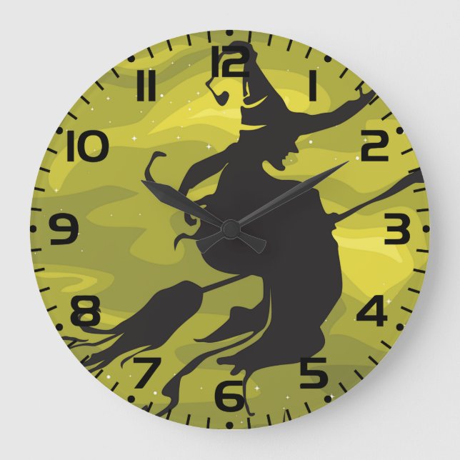 Reloj Redondo Grande Bruja espeluznante de Halloween volando en escoba (Anverso)