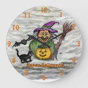 Reloj Redondo Grande Bruja, gato, murciélago y calabaza, ¡Feliz Hallowe