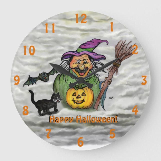 Reloj Redondo Grande Bruja, gato, murciélago y calabaza, ¡Feliz Hallowe (Anverso)