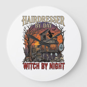 Reloj Redondo Grande Bruja Noche Salón Halloween Día Peluquero Calavera