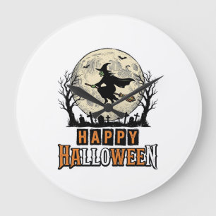 Reloj Redondo Grande Bruja Vintage Feliz Halloween Diseño Vectorial_1