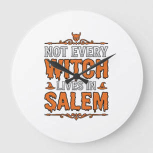 Reloj Redondo Grande Bruja Vintage Salem Tipografía Diseño de Halloween