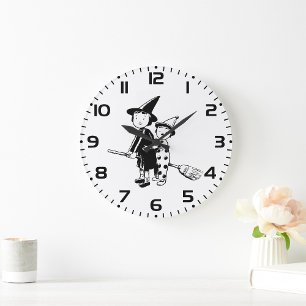 Reloj Redondo Grande Bruja y payaso de Halloween montando escoba