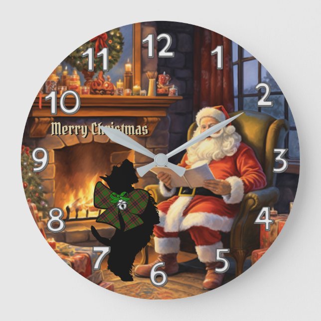 Reloj Redondo Grande Buchan Scottie Perro y Santa Navidad Personalizada (Anverso)