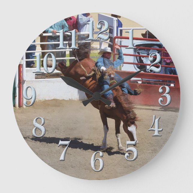 Reloj Redondo Grande Bucking Bareback Bronco y Rodeo Cowboy Clock (Anverso)