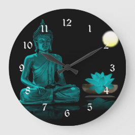 Reloj Redondo Grande Buda verde azulado meditando bajo la luna llena