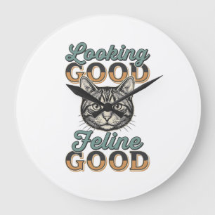Reloj Redondo Grande Buen aspecto Felino Bueno Diseño Vintage de Gato_1