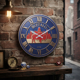 Reloj Redondo Grande Buffalo New York USA Skyline Red Bison Gold Trim