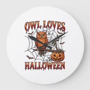 Reloj Redondo Grande Búho Ama Halloween Naranja Telaraña Calabaza_1