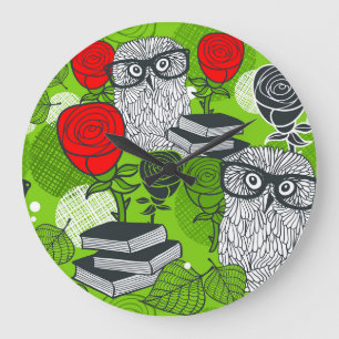 Reloj Redondo Grande Búho en rosas rojas