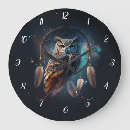 Reloj Redondo Grande Búho Espacial Místico con Arte de Cazador de Sueño