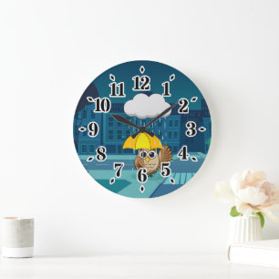 Reloj Redondo Grande Búho lindo con paraguas en el día de lluvias