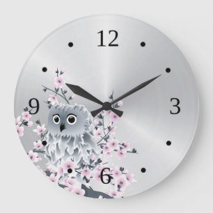 Reloj Redondo Grande Búho Lindo y Flores de Cerezo Plateado