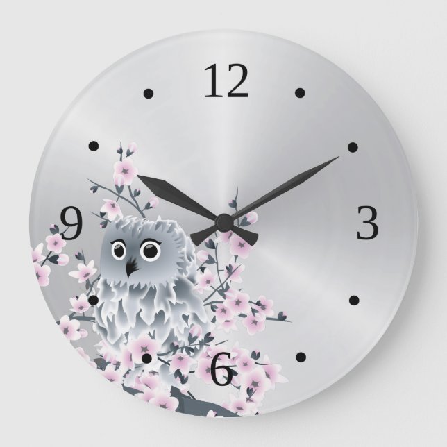 Reloj Redondo Grande Búho Lindo y Flores de Cerezo Plateado (Anverso)