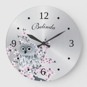 Reloj Redondo Grande Búho lindo y monograma de plata de las flores de