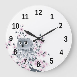 Reloj Redondo Grande Búho Lindo y Números de Flores de Cerezo