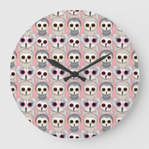 Reloj Redondo Grande Búhos Bebés en Patrón Rosa