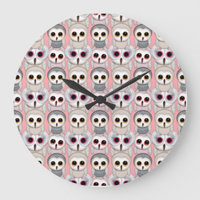Reloj Redondo Grande Búhos Bebés en Patrón Rosa (Anverso)